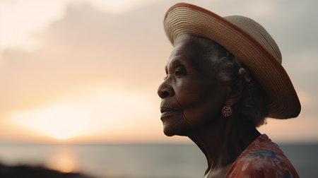 Portrait of an elderly African woman in a hat at sunset.の素材