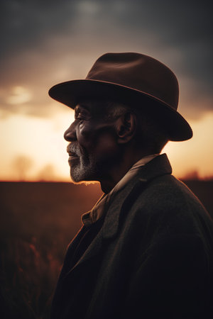 Portrait of a senior man in a hat and coat at sunset.の素材