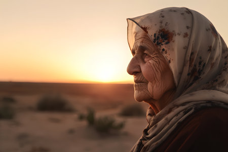 Portrait of an old muslim woman in the desert at sunsetの素材