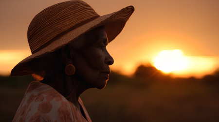 Portrait of an elderly African woman in a hat at sunset.の素材