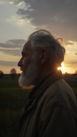 Portrait of an elderly man with a white beard on the background of the setting sunの素材