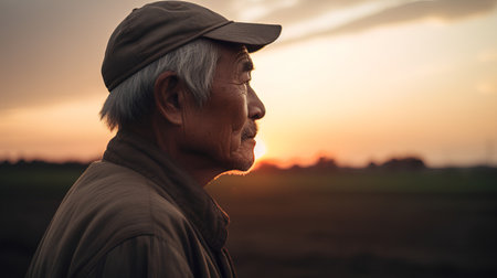 Portrait of old asian man looking to the sunset in the fieldの素材