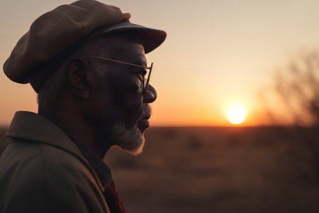 Portrait of african american man in hat and glasses at sunsetの素材