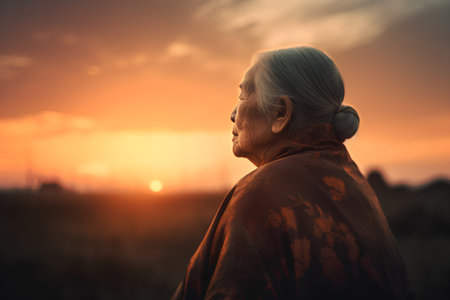 Elderly woman looking at sunset in the field. Concept of elderly people.の素材