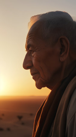 Close-up portrait of a senior man in the desert at sunsetの素材