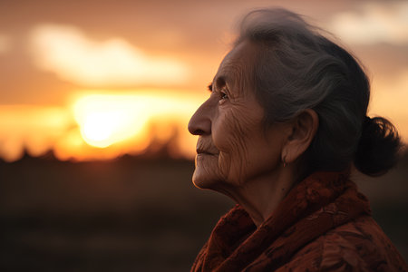 Portrait of an elderly woman at sunset in the countryside. The concept of old age and aging.の素材