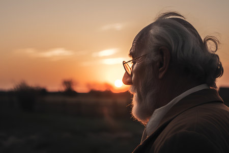 Senior man with eyeglasses looking at the sunset in the countrysideの素材