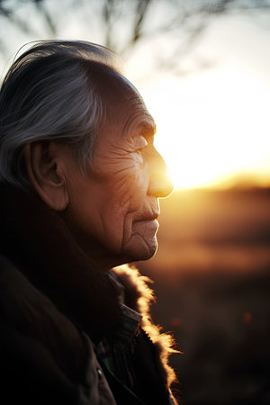Portrait of an elderly man on a background of the setting sunの素材