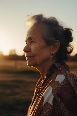 Portrait of an elderly woman on the background of the setting sun.の素材