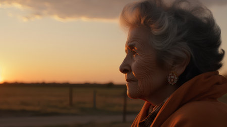 Portrait of an elderly woman in a orange scarf at sunset.の素材
