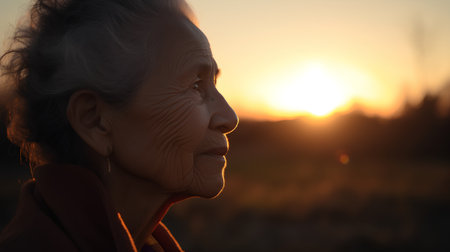 Portrait of an elderly woman on a background of the setting sunの素材
