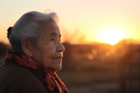 Portrait of an elderly asian woman with sunset in the backgroundの素材