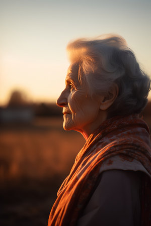 Portrait of an elderly woman on a background of the sunset.の素材