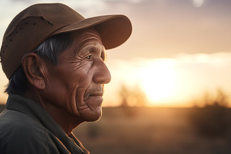 Portrait of an old man with cowboy hat on sunset background.の素材