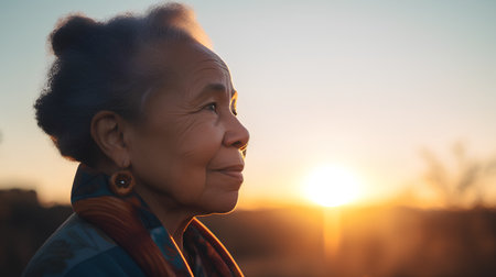 Portrait of a senior Asian woman looking away with sunset in the backgroundの素材