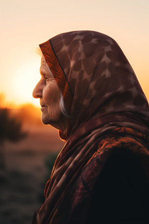 Elderly woman in the desert at sunset. Portrait.の素材