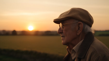 Portrait of an elderly man with a hat and glasses at sunsetの素材