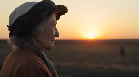 Portrait of an elderly woman in the field at sunset. Side view.の素材