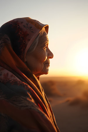 Portrait of an elderly woman in the desert at sunset. The concept of a happy life.の素材