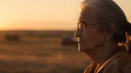 Portrait of an elderly woman on the background of the sunset.の素材