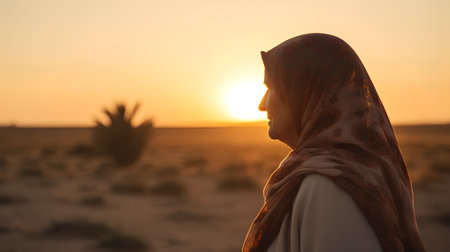 Arabic woman in the middle of the desert at sunset. Selective focus.の素材