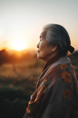 Portrait of asian senior woman at sunset in the field.の素材