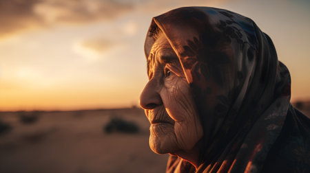 Portrait of an old muslim woman in the desert at sunsetの素材