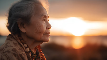 Portrait of an elderly asian woman looking at the sunset.の素材