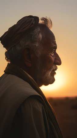 Portrait of an old indian man in the desert at sunsetの素材
