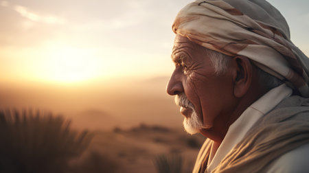 Portrait of an old man with a headscarf at sunsetの素材