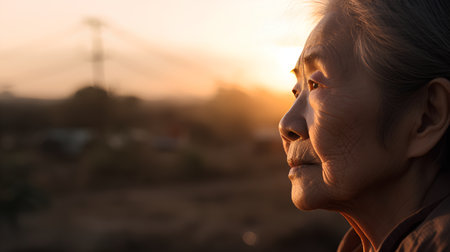 Portrait of elderly asian woman looking at sunrise in the morning.の素材
