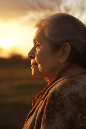 Portrait of an elderly woman at sunset. Elderly woman looking away.の素材