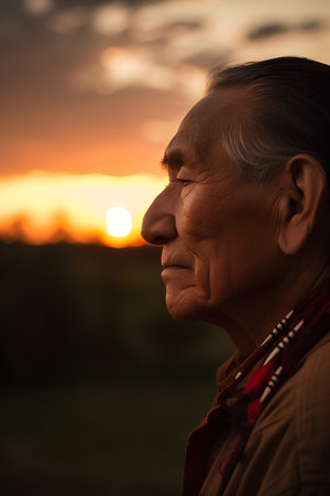 Close up of a senior asian woman looking away at sunset.の素材