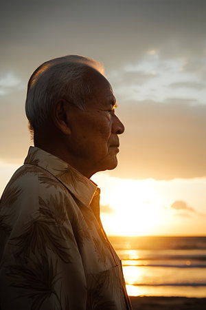 Portrait of a senior man standing on the beach at sunset.の素材