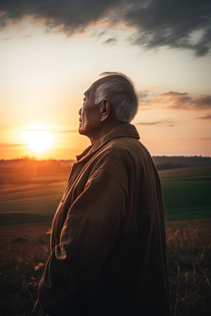 Elderly man standing in the field and looking at the sunsetの素材