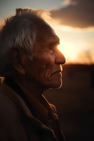 Portrait of an elderly man with gray hair against the sunset.の素材