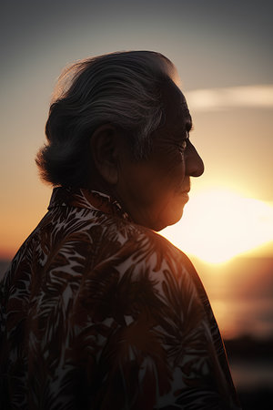 Portrait of an elderly woman at sunset. Portrait of a senior woman.の素材