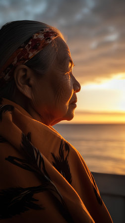 Side view of a senior woman in a headscarf looking at the sea at sunsetの素材