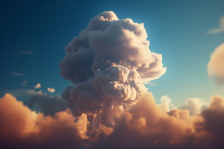 3D illustration of an explosion in the sky with clouds at sunsetの素材