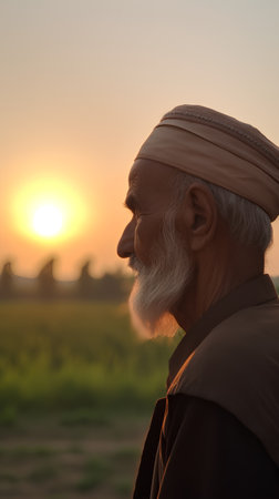 Portrait of an old man with a white beard on the background of the setting sunの素材