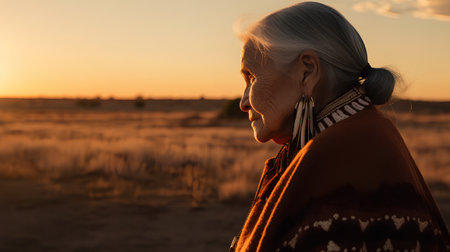 Portrait of an elderly woman with gray hair in a plaid at sunset.の素材