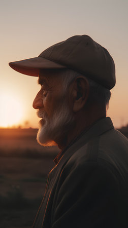 Portrait of an old man with a baseball cap on the background of the setting sunの素材