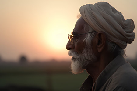 Portrait of an old Indian Sikh man with traditional turban and glasses at sunset.の素材