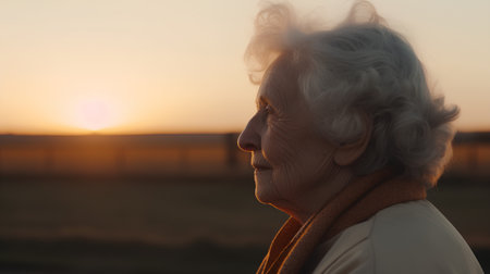 Portrait of an elderly woman on the background of the setting sun.の素材