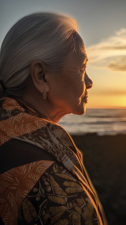 Portrait of a beautiful senior woman on the beach at sunset.の素材