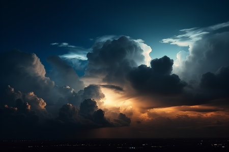 Dramatic dark stormy sky with sun rays and dark cloudsの素材