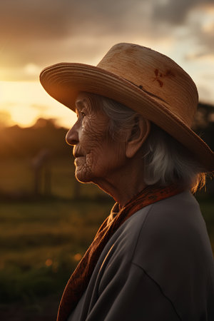 Portrait of an elderly woman in a straw hat at sunset.の素材