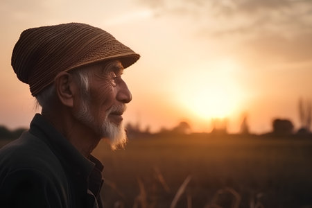 Portrait of an old man in the wheat field at sunset.の素材