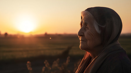 Elderly woman in the rice field at sunset. Selective focus.の素材