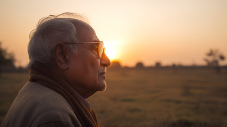 Portrait of asian senior man looking at sunset in the fieldの素材